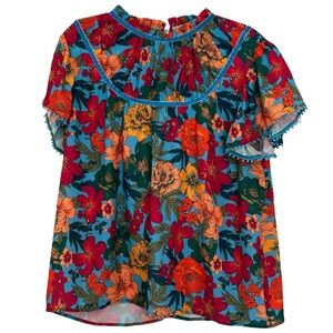 Voy Women’s‎ Retro Floral Velvet Trim Short Sleeve Blouse Sz L